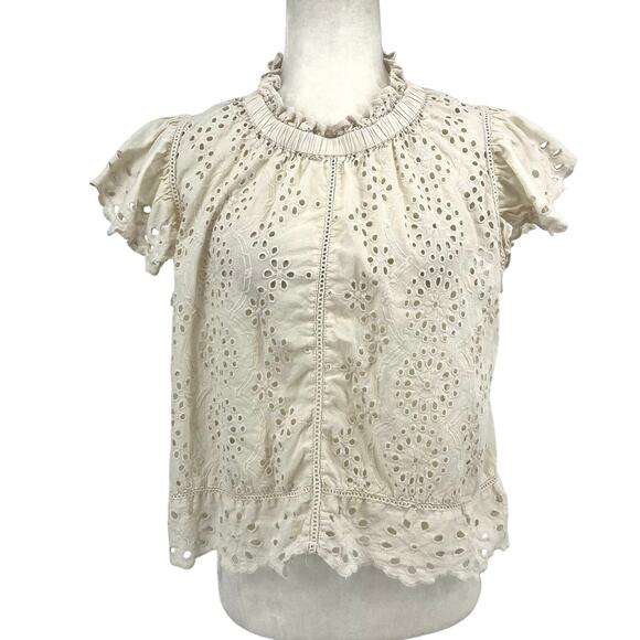 Jennifer & Grace Women's L Cream Ivory Eyelet Short Sleeve Ruffle Neck Blouse - Picture 1 of 7